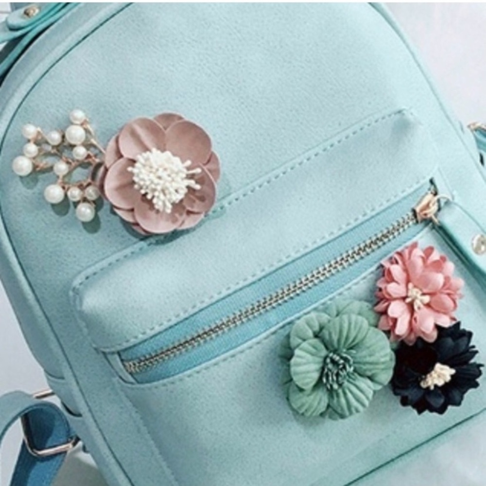 Floral Embellished Light Blue Backpack - Picture 2 of 5